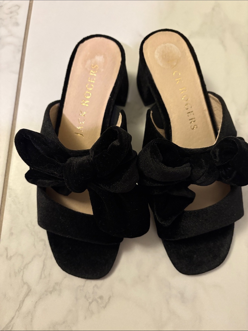Jack Rogers Black Velvet Bow Block Heel Mules